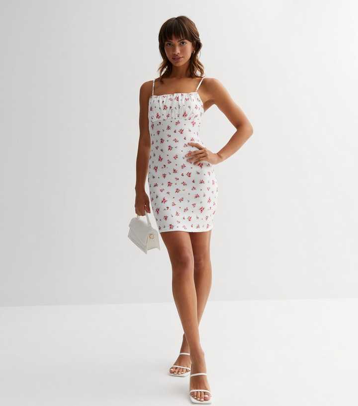 White Floral Ruched Strappy Mini Dress