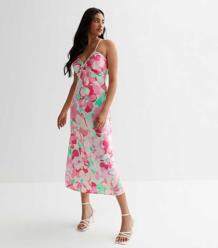 Pink Floral Print Corset Strappy Midaxi Dress