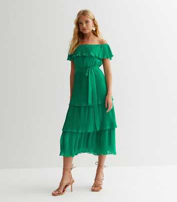 Gini London Green Bardot Pleated Midaxi Dress