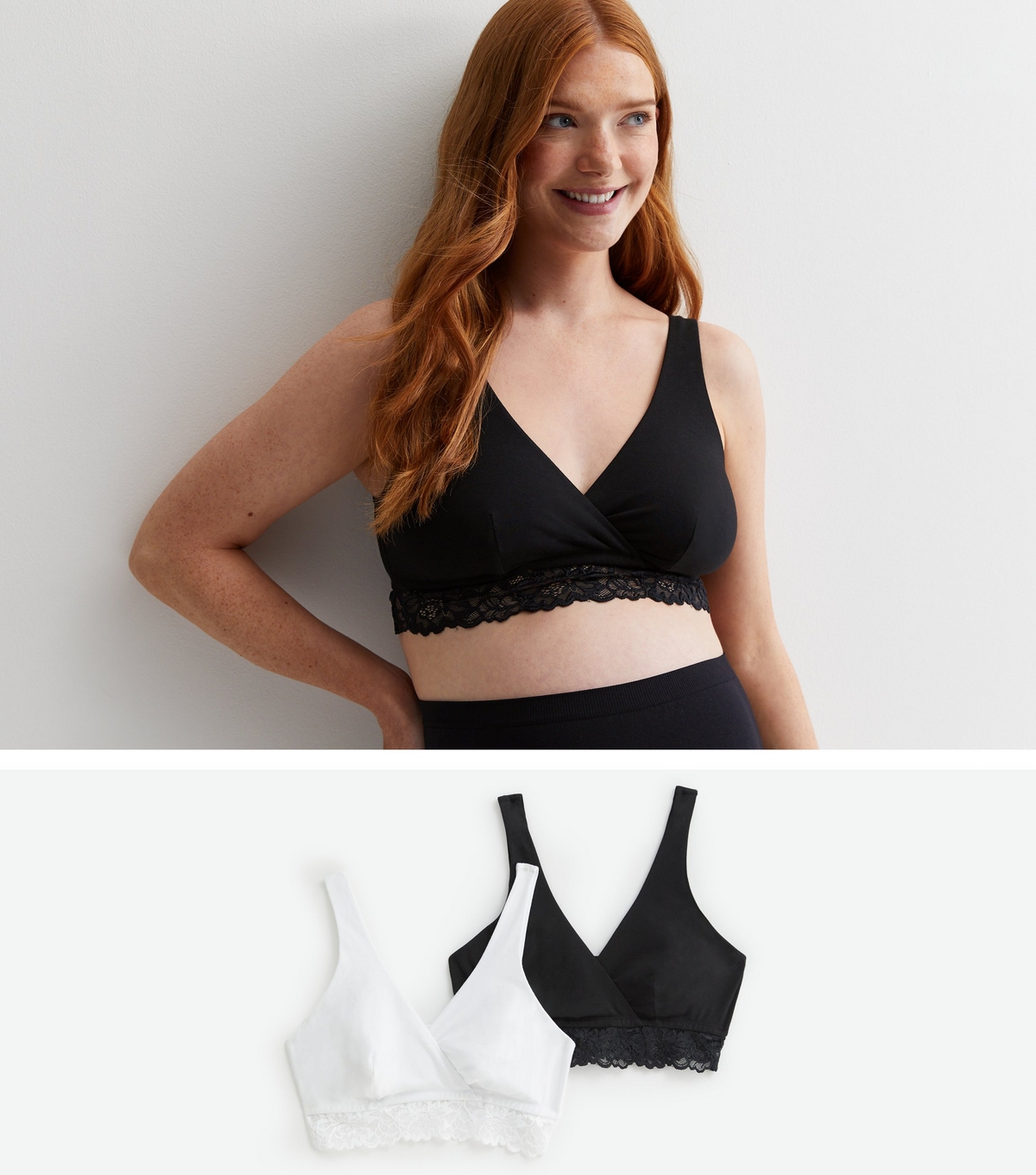 Women's Maternity 2 Pack Black and White Lace Trim Sleep Bras New Look