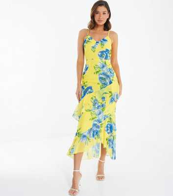 QUIZ Yellow Floral Frill Strappy Midaxi Dress