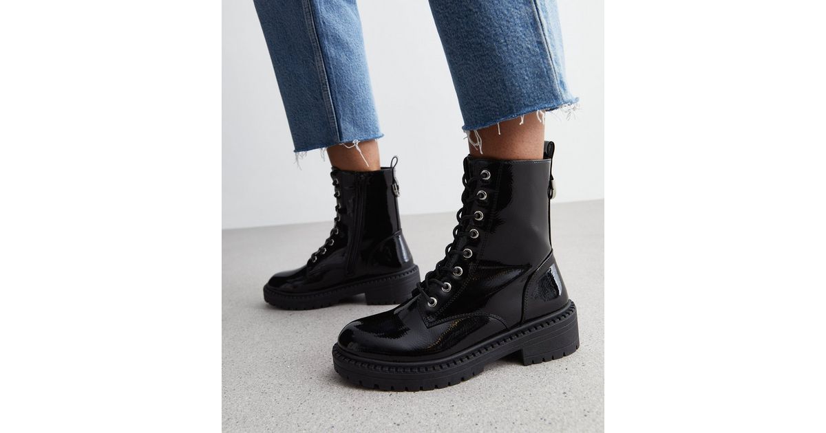 Black Patent Lace Up Biker Boots New Look