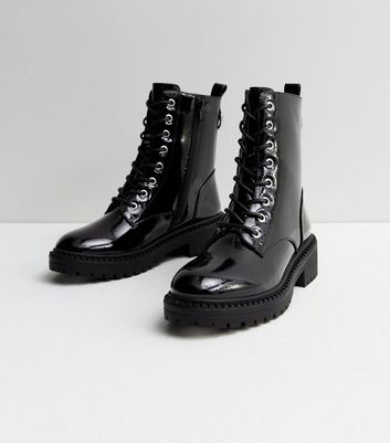 patent lace up biker boots