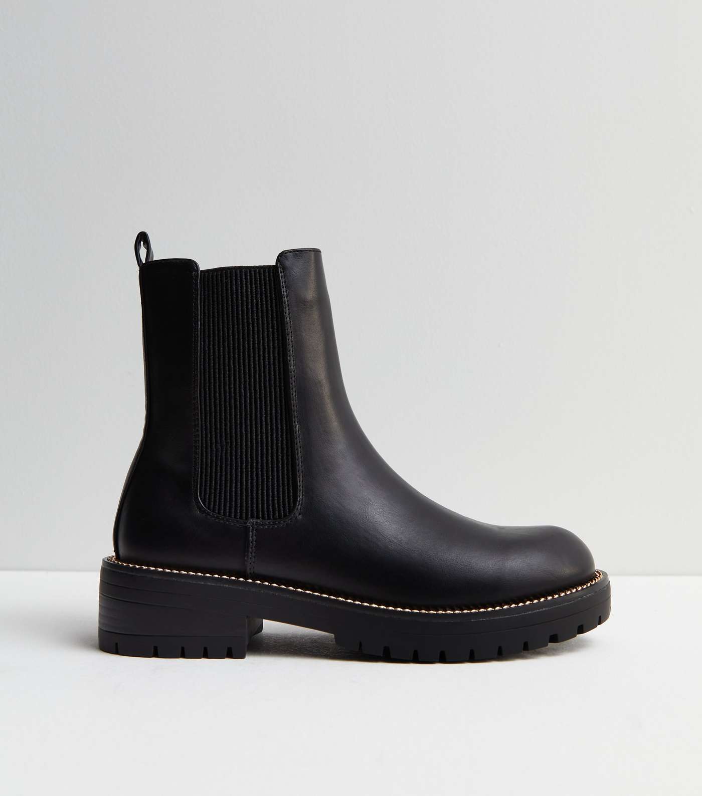 Black Leather-Look Gold Trim Chelsea Boots Image 3