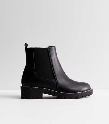 Wide Fit Black Leather-Look Chunky Chelsea Boots