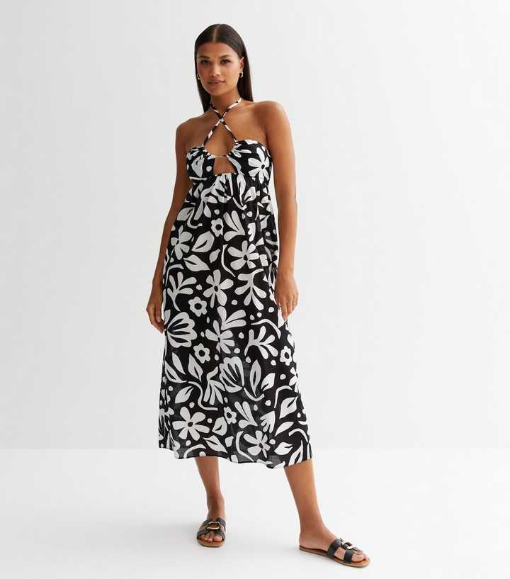 Black Floral Halter Neck Midi Dress