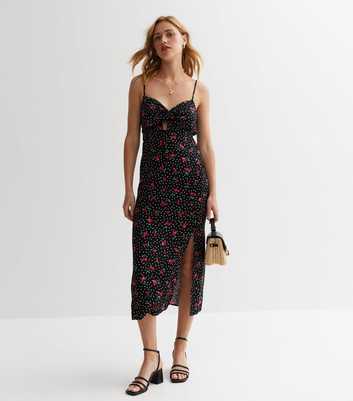 Black Cherry Print Split Hem Midi Dress