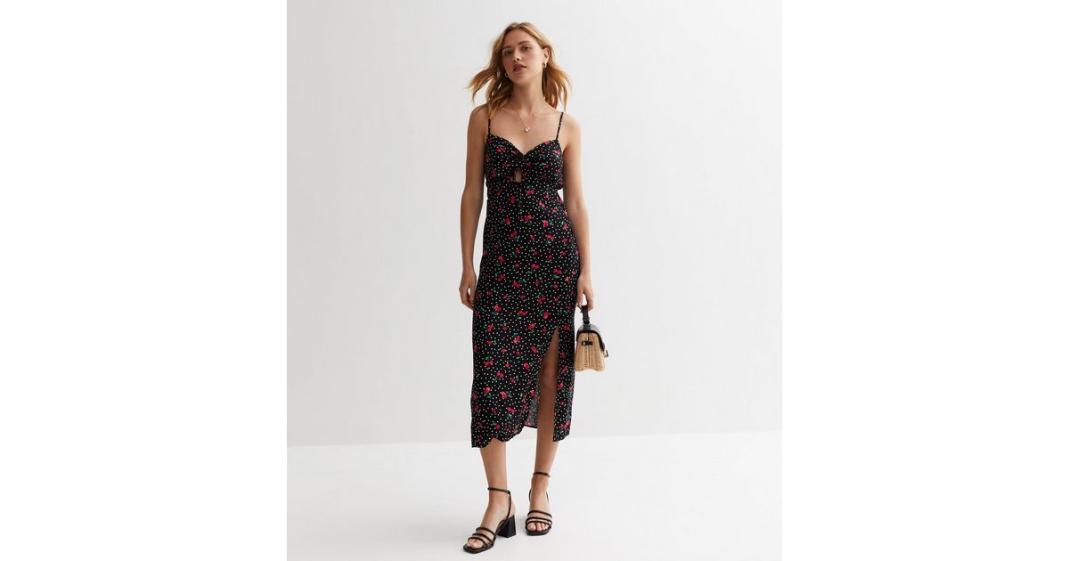 Black Cherry Print Split Hem Midi Dress | New Look