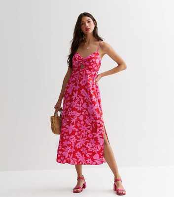 Pink Floral Ruched Front Strappy Midaxi Dress