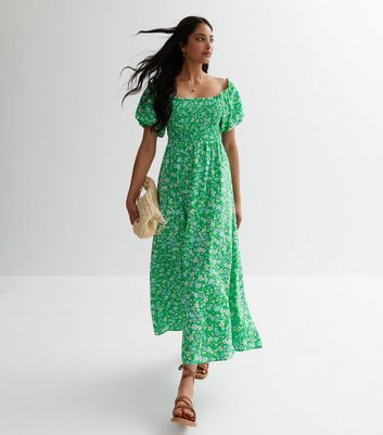 Green floral bardot dress hotsell