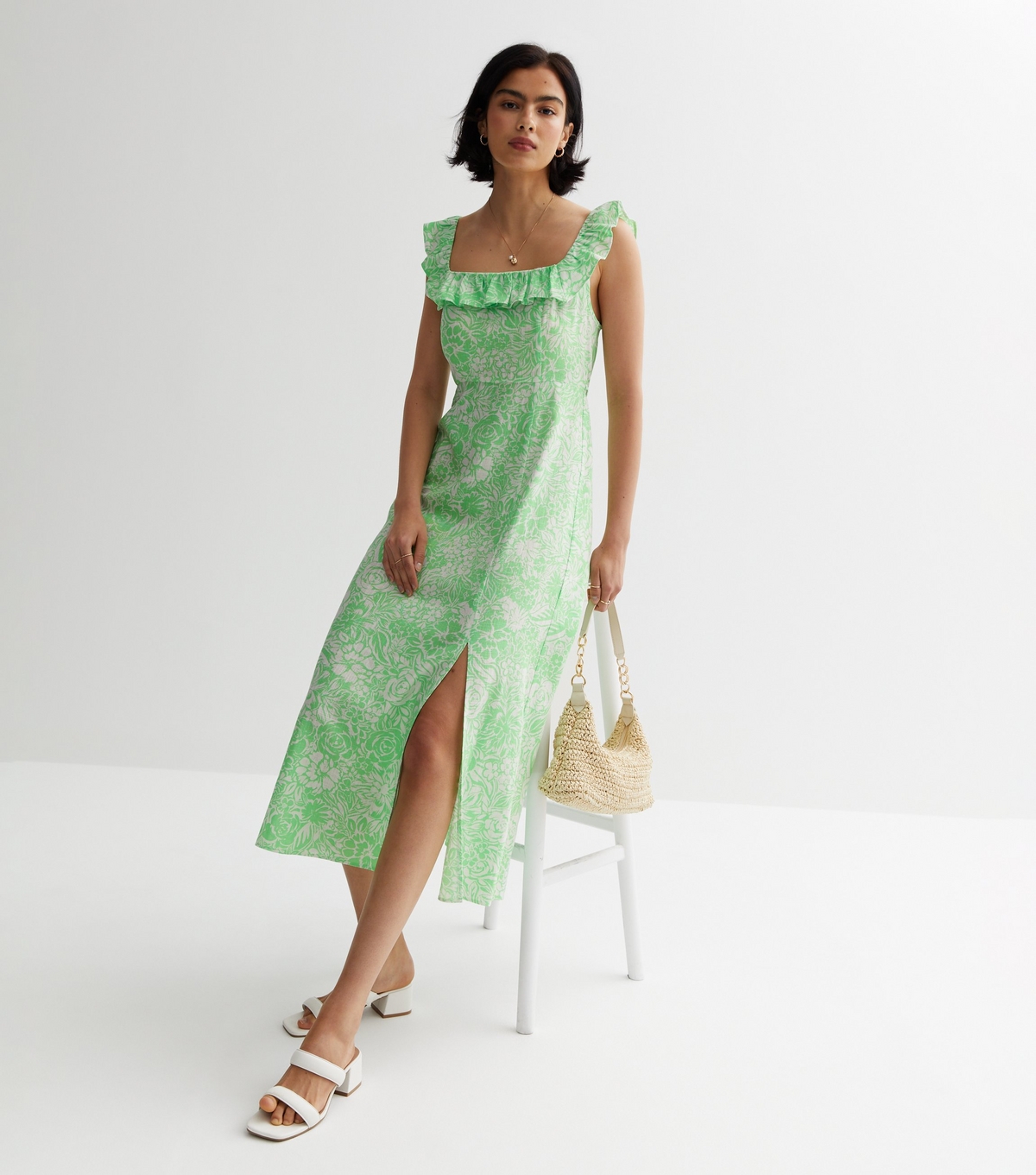 Women's Green Ditsy Square Neck Frill Midi Dress New Look