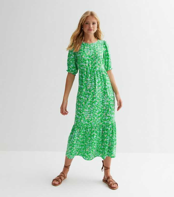Green Pattern Tiered Smock Midi Dress