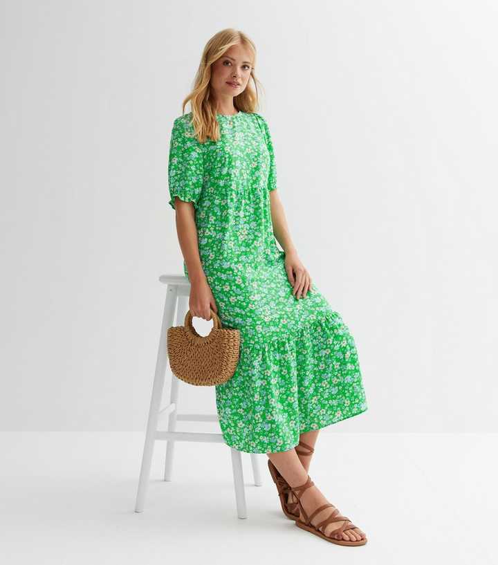 Envy White and Green Polka Dot Ruffled Midi Dress