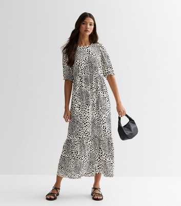 White Animal Print V Neck Shirred Midaxi Dress