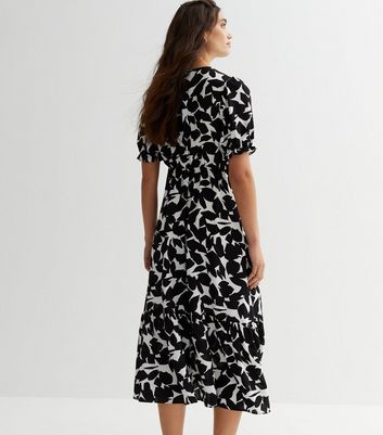 Black Leaf Print Puff Sleeve Wrap Midi Dress New Look