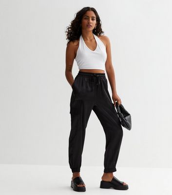 Petite Black Satin Cuffed Joggers New Look