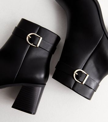 Black Leather-Look Buckle Flared Heel Ankle Boots New Look