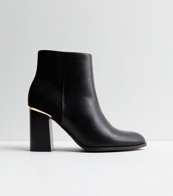 Black Leather-Look Gold Trim Block Heel Ankle Boots New Look