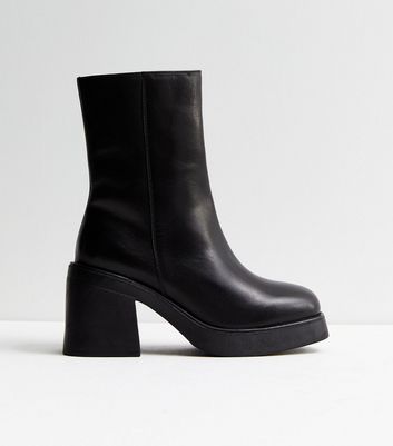 Black Leather Chunky Block Heel Boots New Look