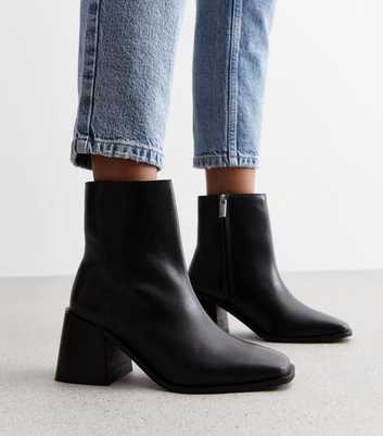 Black Leather Pointed Block Heel Ankle Boots