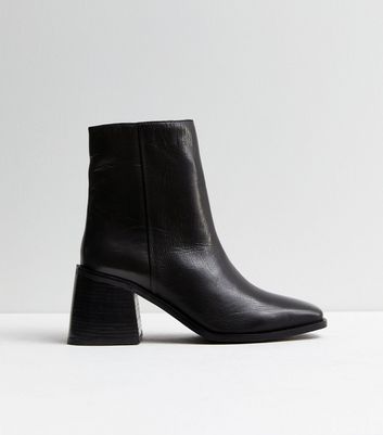 Black Leather Pointed Block Heel Ankle Boots New Look