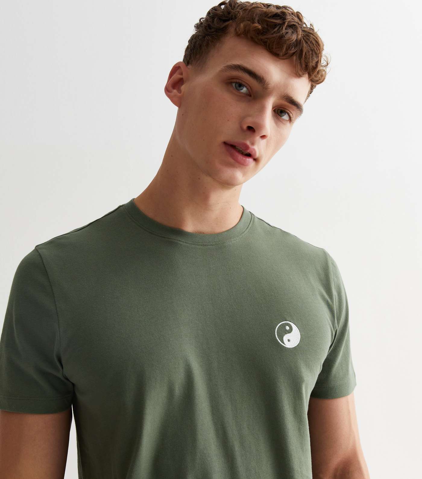 Khaki Cotton Embroidered Yin Yang Logo T-Shirt