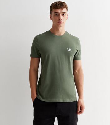 Men's Khaki Cotton Embroidered Yin Yang Logo T-Shirt New Look