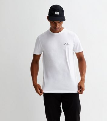Men's White Cotton Embroidered Mountain Logo T-Shirt New Look