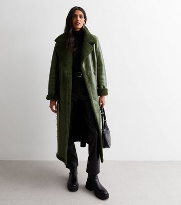 Khaki Leather-Look Teddy Trim Longline Trench Coat New Look