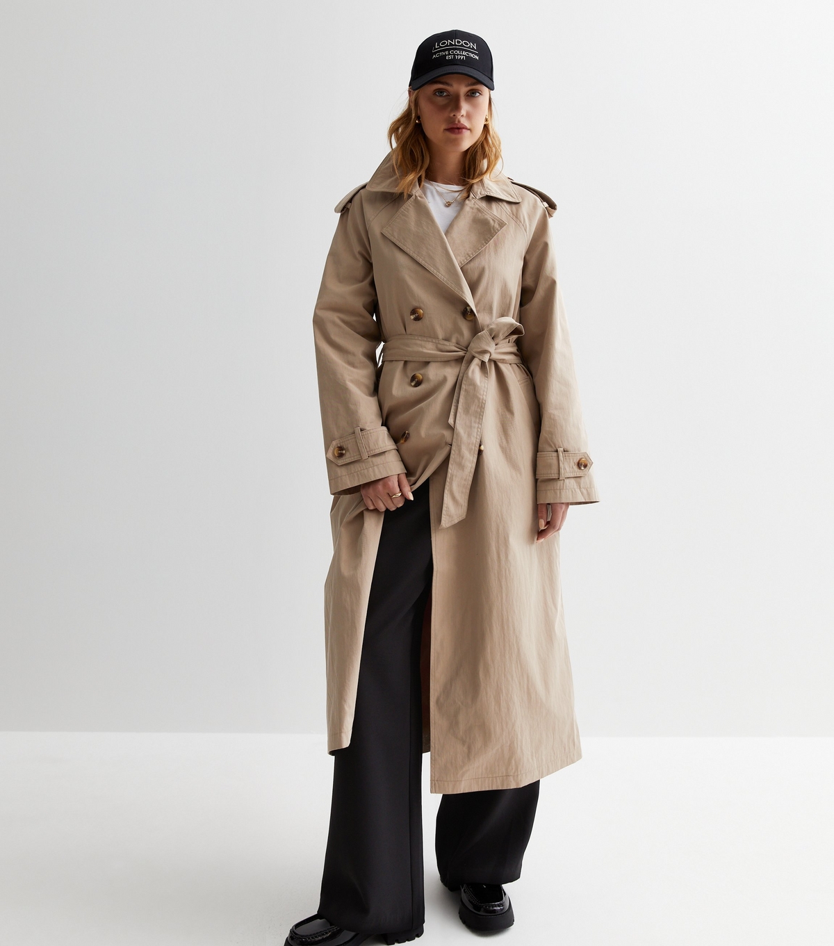 Women's Stone Belted Longline Trench Coat New Look