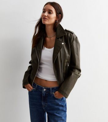 Dark Grey Leather-Look Biker Jacket New Look