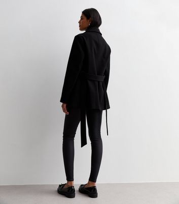 Black Short Belted Coat New Look