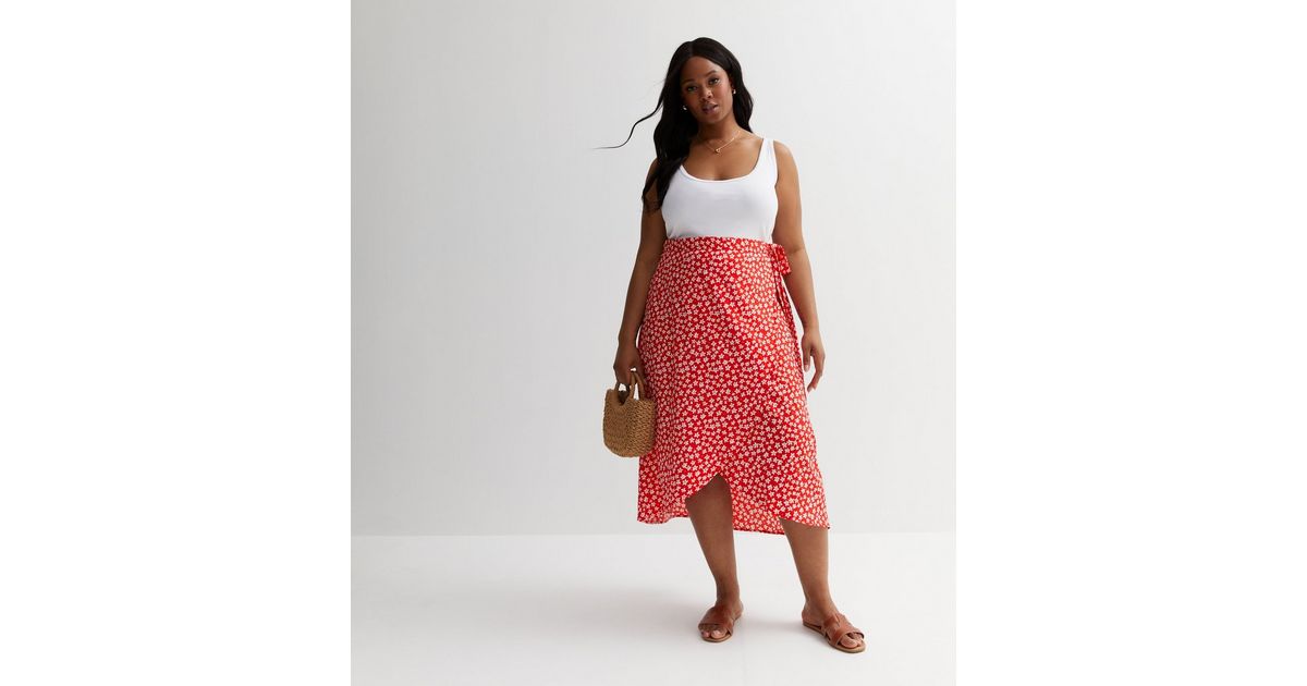Curves Red Ditsy Floral Midi Wrap Skirt New Look