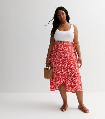 Curves Red Ditsy Floral Midi Wrap Skirt New Look