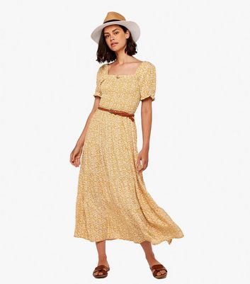 Apricot Yellow Floral Shirred Midi Dress New Look