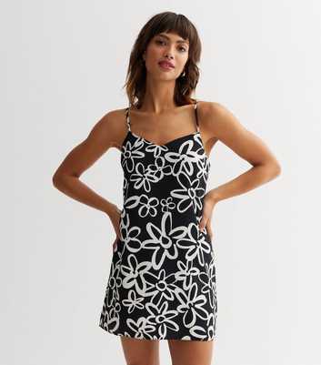 Black Floral Strappy Mini Slip Dress