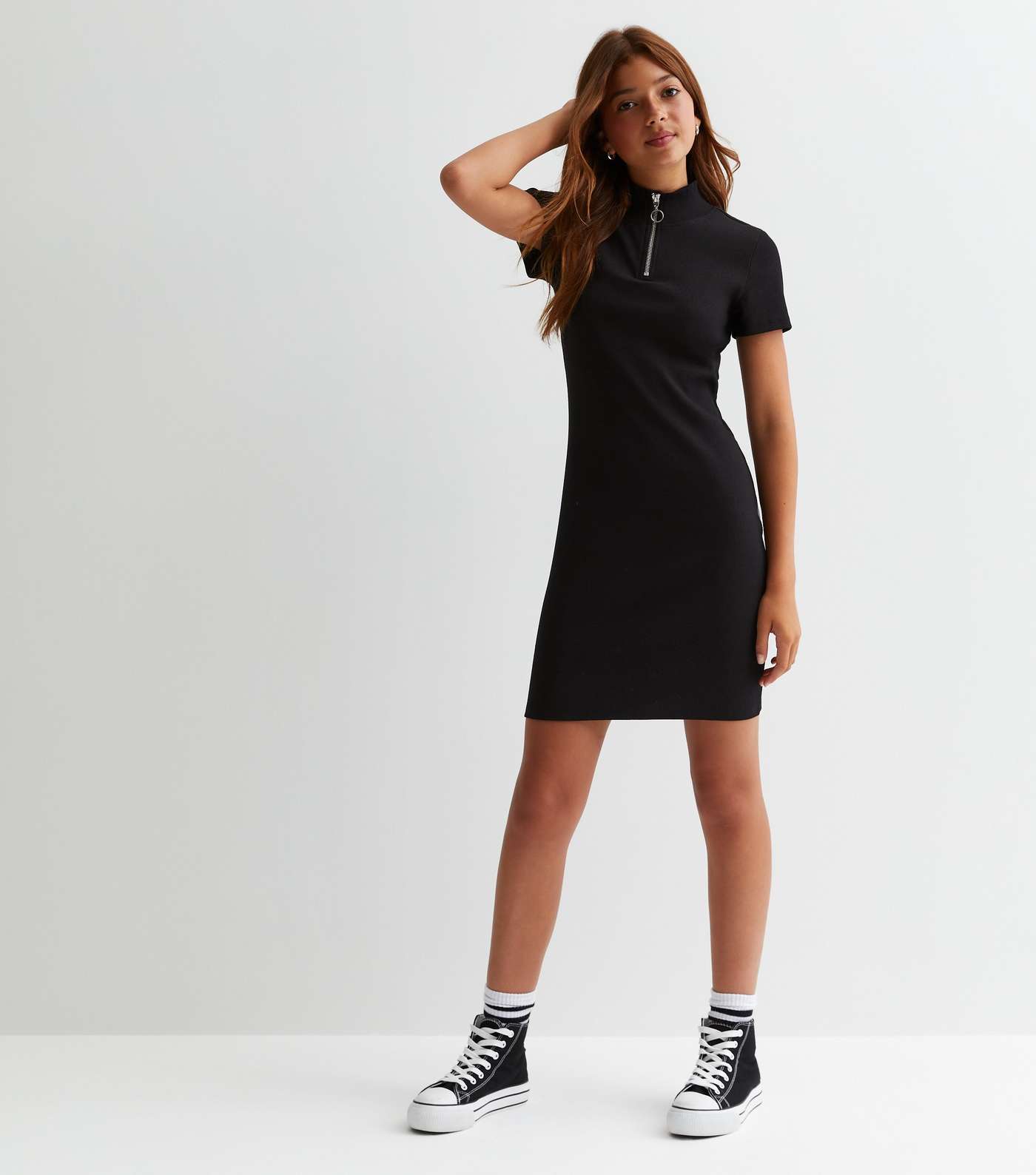 Girls Black Ribbed Zip Mini Dress Image 3