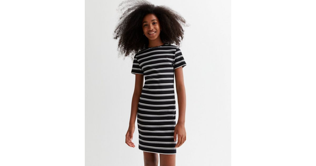 Girls Black Stripe Ribbed Cotton Short Sleeve Mini Dress | New Look