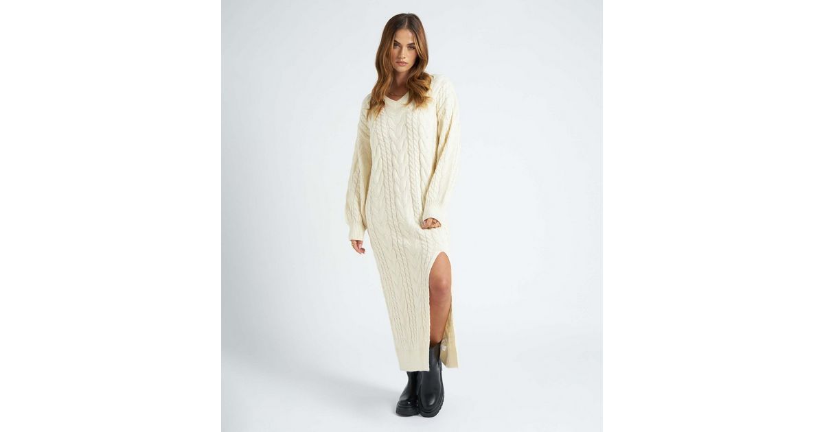 Urban Bliss Cream Cable Knit Split Hem Midaxi Dress New Look