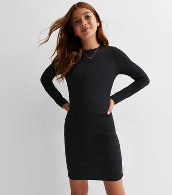 Girls Black Ribbed Long Sleeve Mini Dress