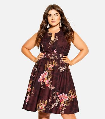 City Chic Curves Burgundy Floral Belted Mini Dress New Look