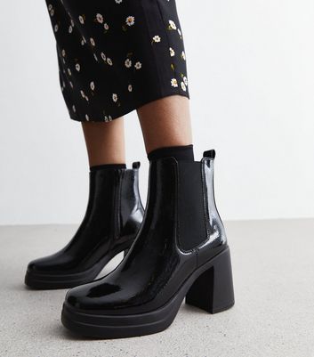 Black Patent Platform Block Heel Chelsea Boots New Look