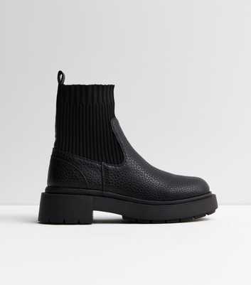 Black Leather-Look Chunky Chelsea Knit Sock Boots
