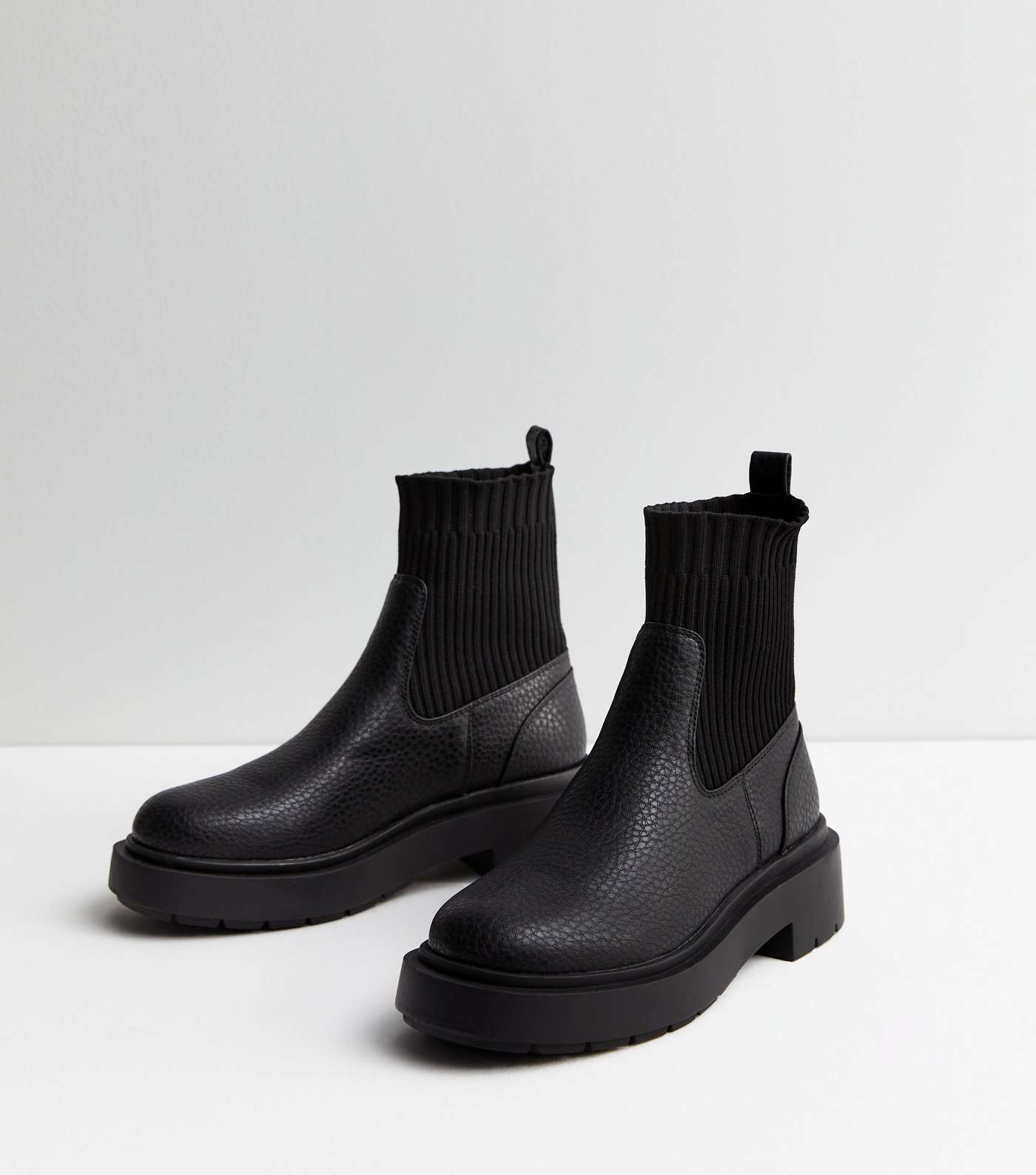 Black Leather-Look Chunky Chelsea Knit Sock Boots Image 3
