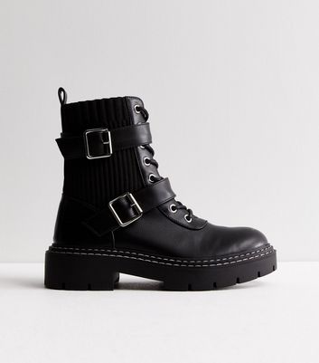 Black Leather-Look Ribbed Chunky Biker Boots New Look