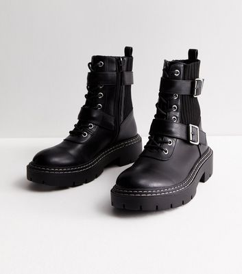 Black Leather Look Ribbed Chunky Biker Boots New Look