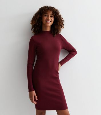 Girls Burgundy Ribbed High Neck Dress New Look