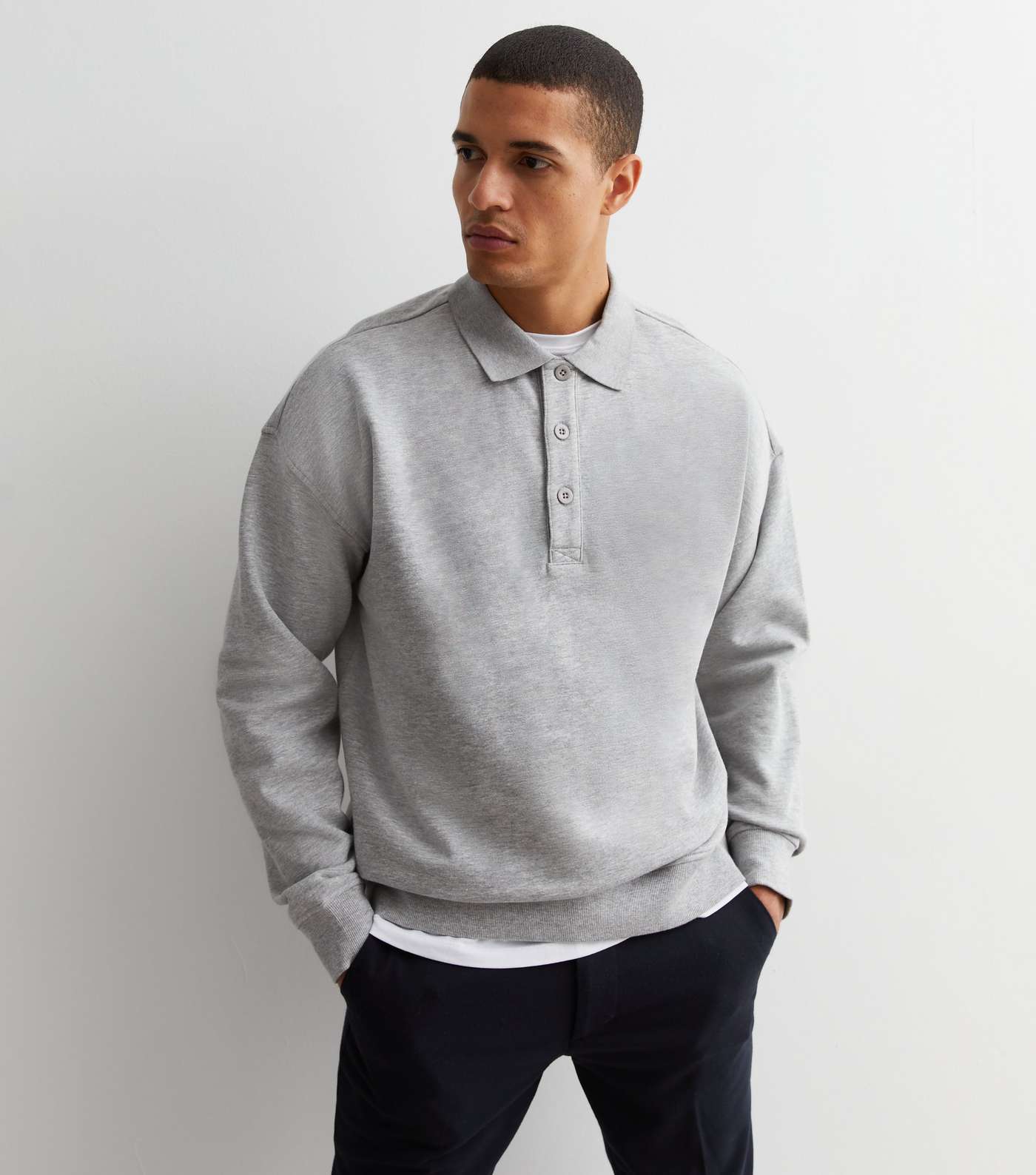 Grey Marl Jersey Polo Sweatshirt Image 2