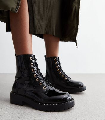 Womens black shop patent biker boots