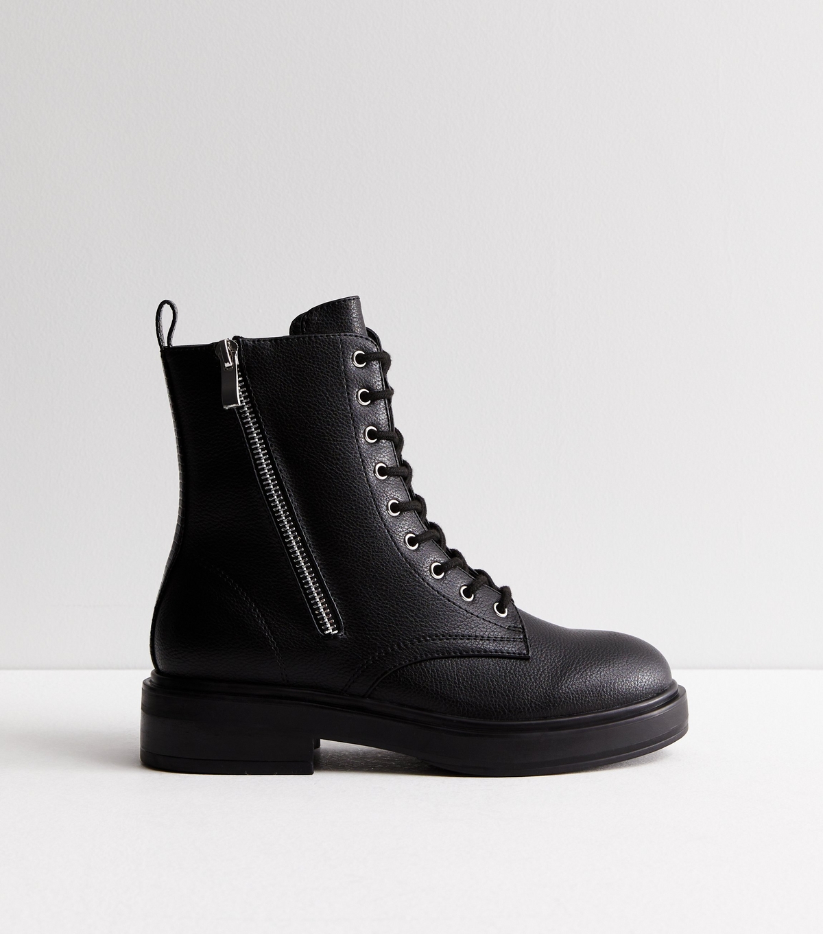 Women's Black Leather-Look Lace Up Chunky Biker Boots New Look